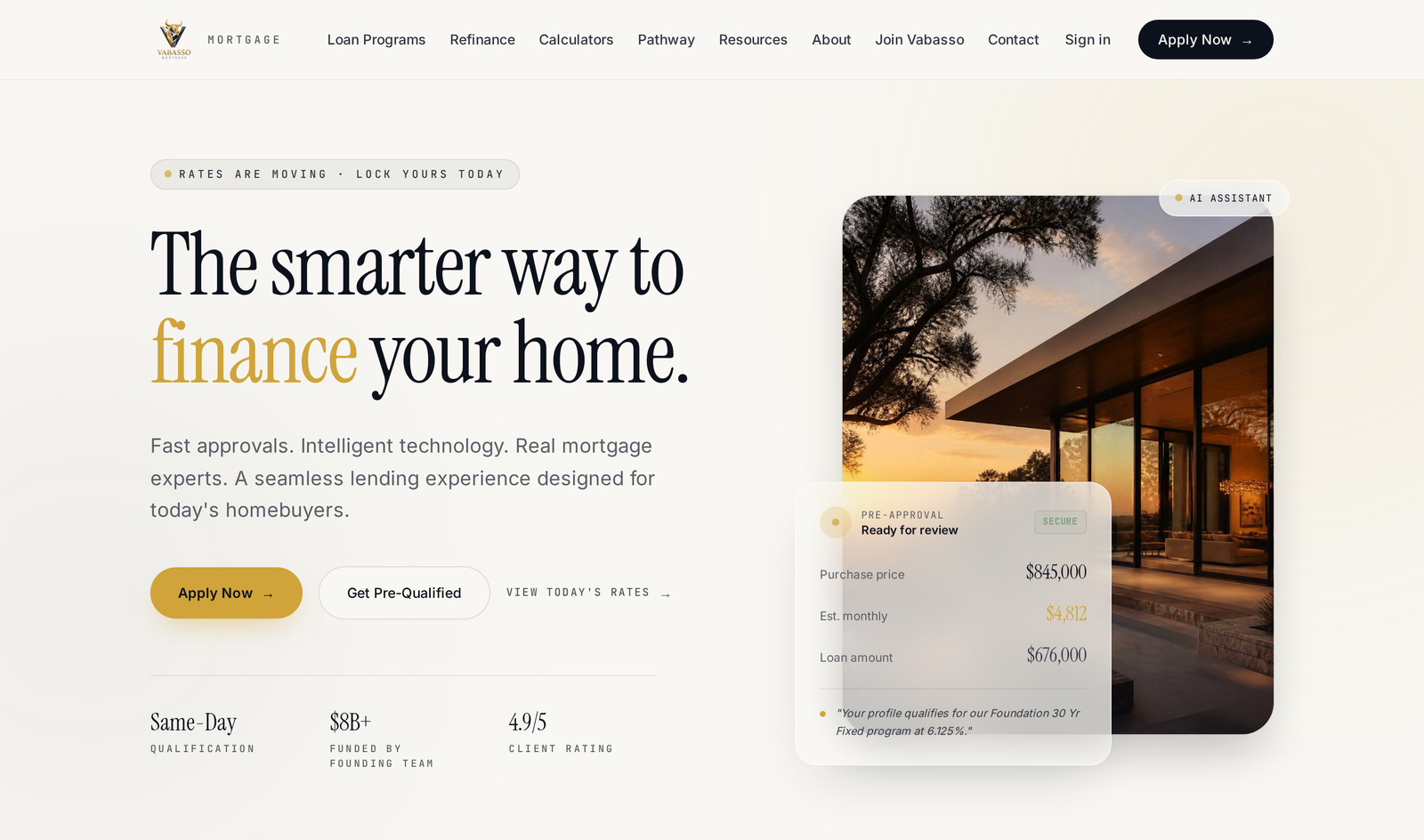 The Vabasso Mortgage home experience, showing the entry points into financing, readiness, programs and tools.